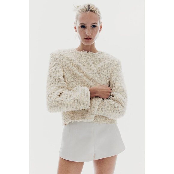 NWT H&M cream beige textured weave glitter thread short jacket, L - Picture 1 of 8